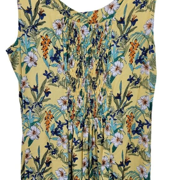 Vintage Koret Dress M Yellow Floral Midi Sleeveless Button Front Smocked India - Picture 9 of 11